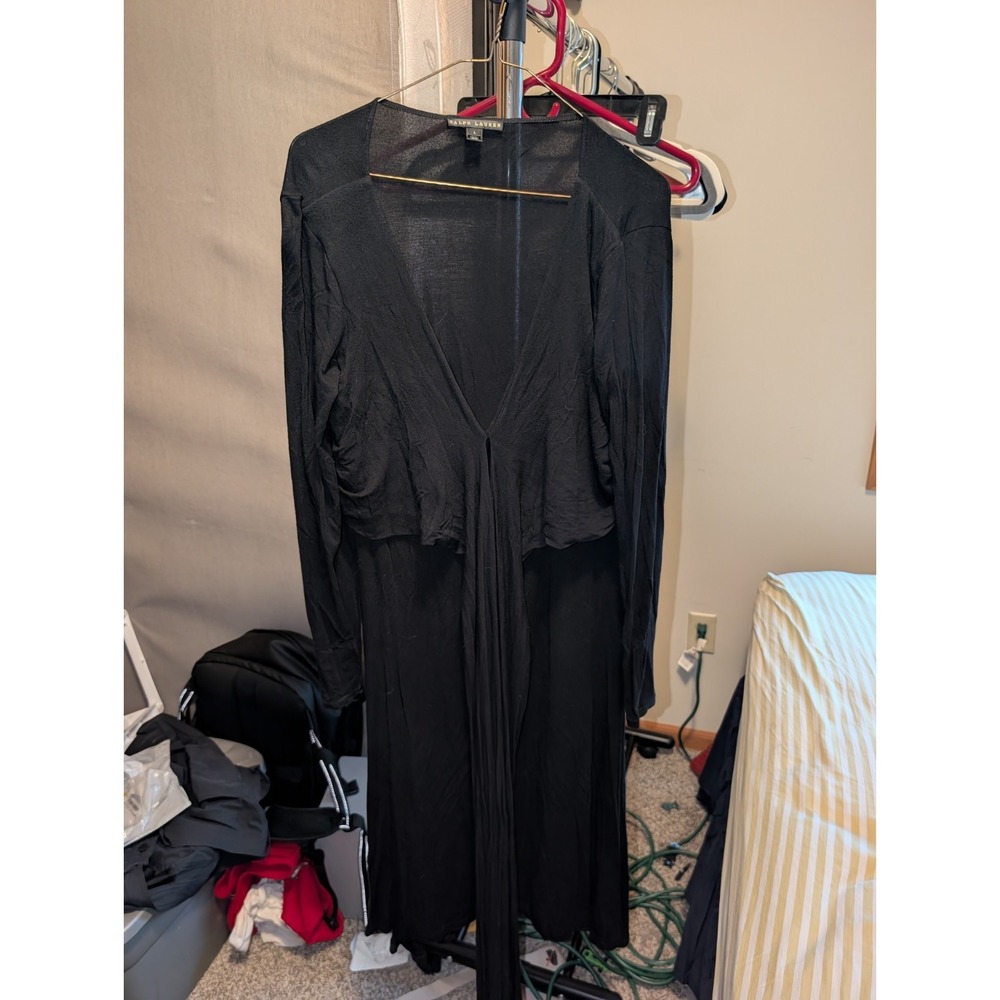 Ralph Lauren Black Label Womens L Black Maxi Dress Long Sleeve V Neck Tie Front